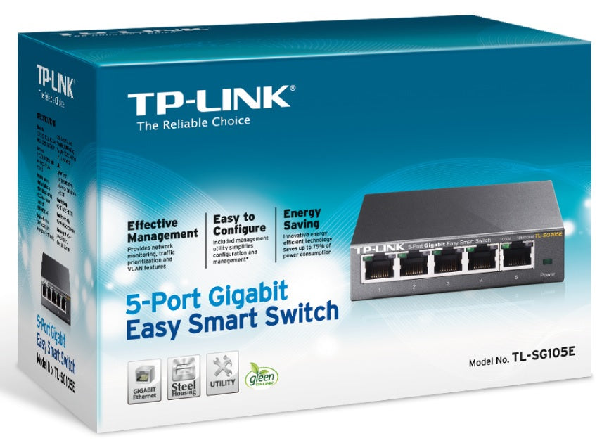 TP-LINK Switch TL-SG105E | 5 port Easy Smart | 10/100/1000 Mbps | Steel Case