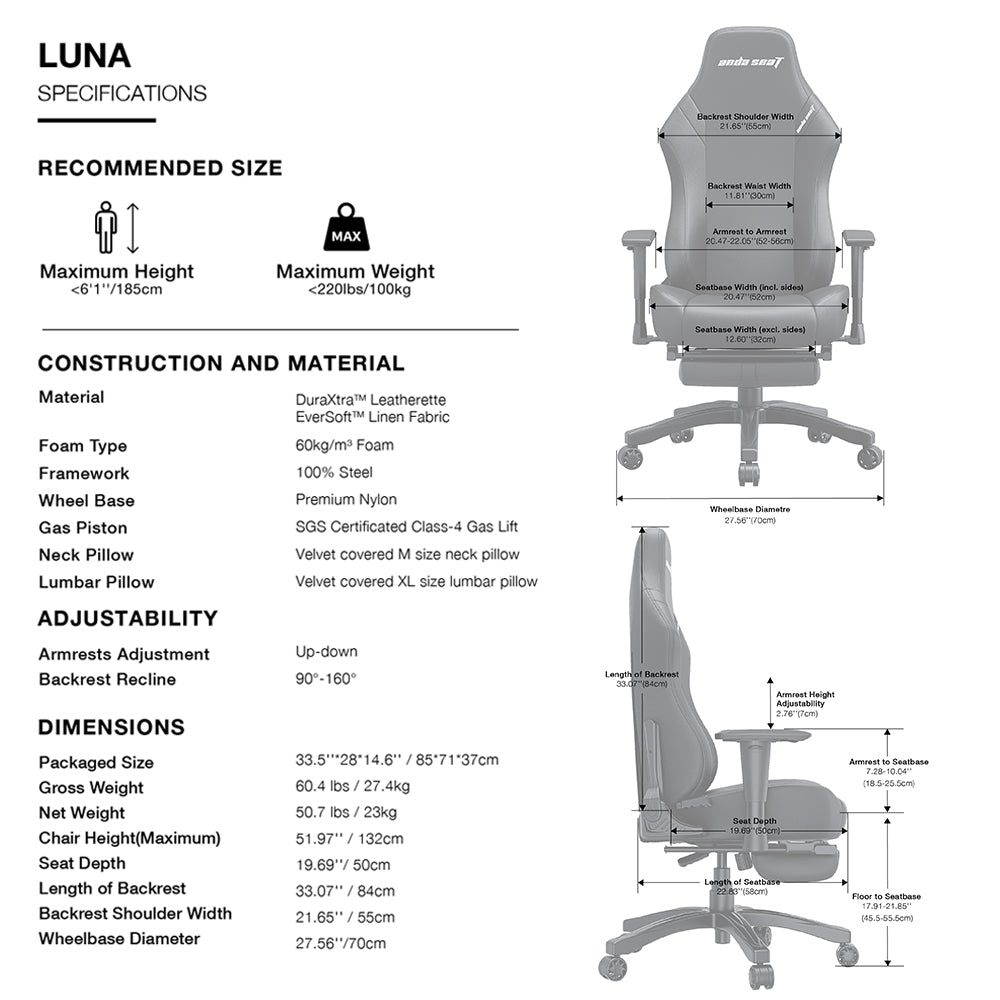 ANDA SEAT Gaming Chair LUNA PRO Black w/Footrest