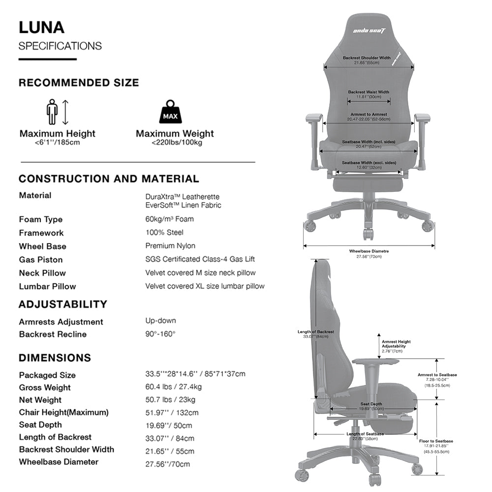 ANDA SEAT Gaming Chair LUNA PRO Black Fabric w/Footrest