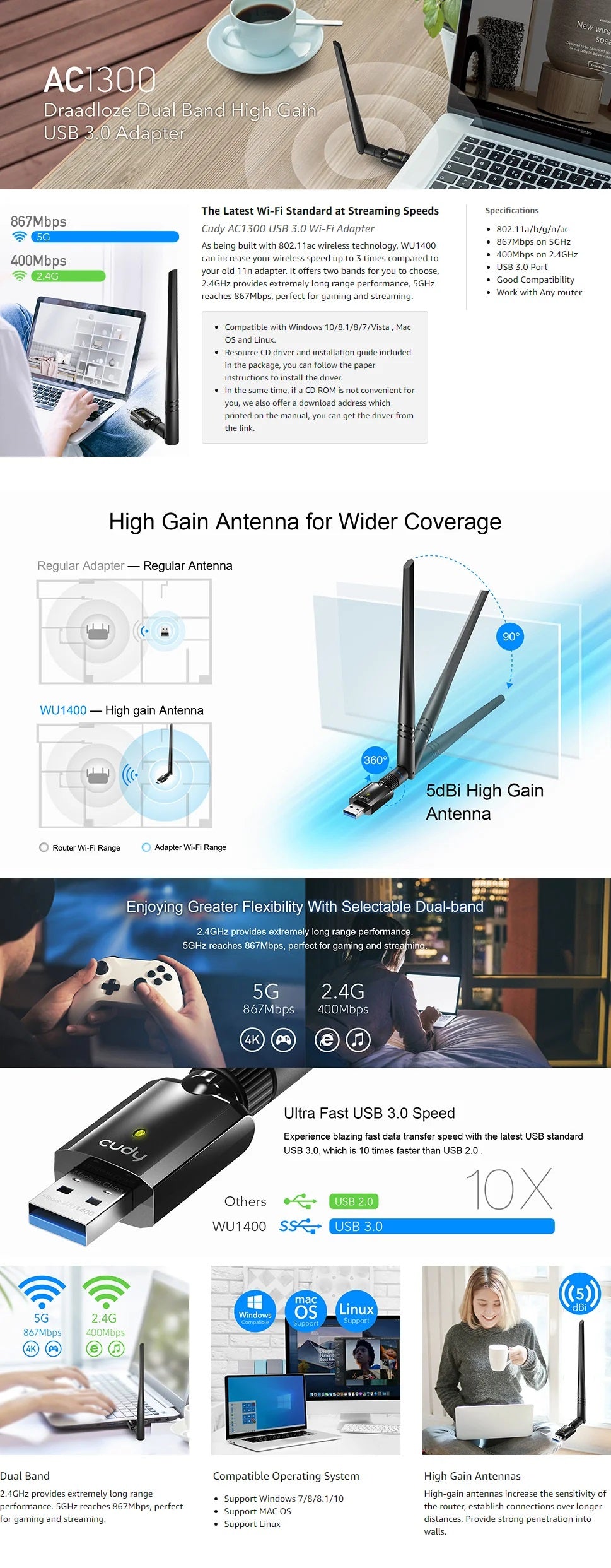 CUDY Wi-Fi High-Gain USB Adapter WU1400 AC1300