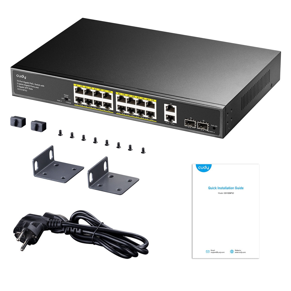 CUDY Switch GS1018PS2 16-GbE PoE with 2 Uplink GbE and 2 Uplink SFP