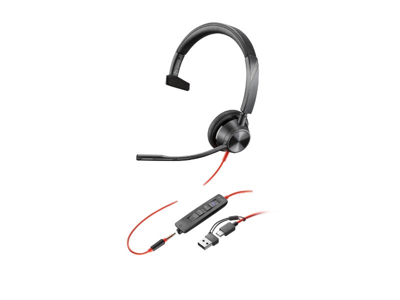 Poly Blackwire 3315 Monaural Microsoft Teams Certified USB-C Headset + 3.5mm Plug +USB-C/A Adapter (8X218AA)