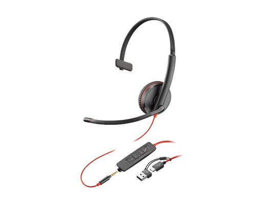 Poly Blackwire 3215 Monaural USB-C Headset +3.5mm Plug +USB-C/A Adapter — 8X227AA