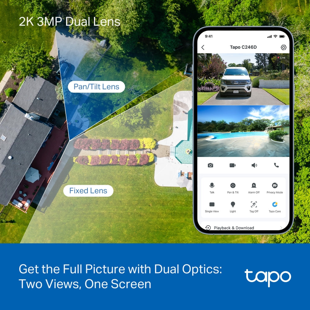 TP-LINK WiFi Camera Tapo C246D 2k  Indoor/Outdoor Dual Lens Pan/Tilt