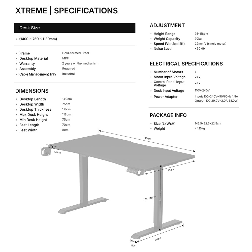 ANDA SEAT DESK XTREME 1.4m, Adjustable Height, Wood top/ White Leg