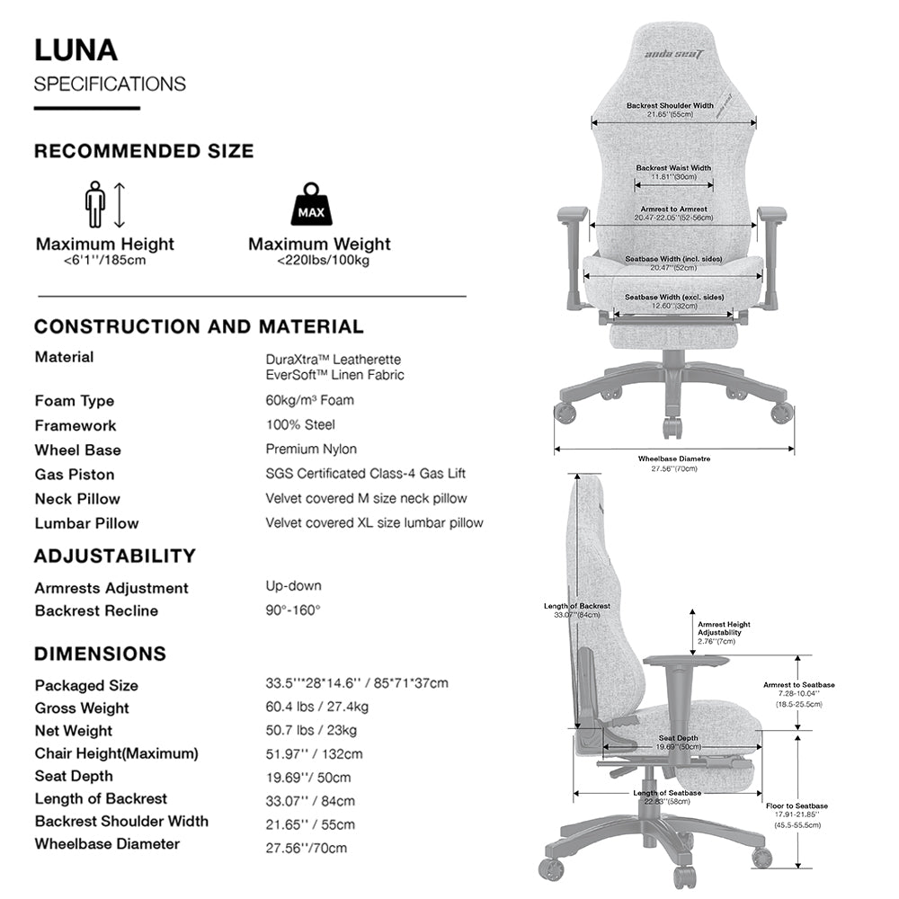 ANDA SEAT Gaming Chair LUNA PRO Grey Fabric w/Footrest