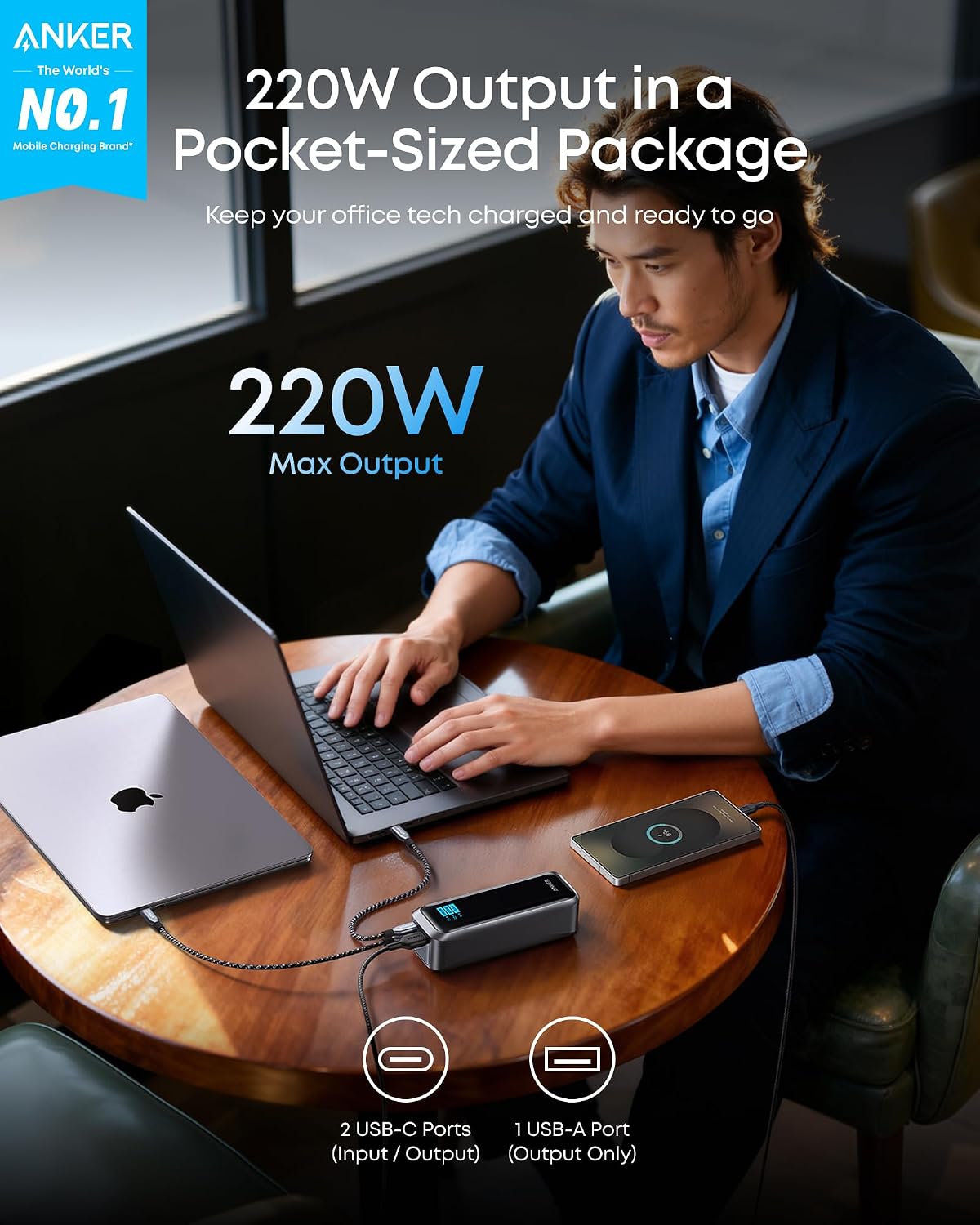Anker Powerbank Prime 20k mAh,220W max power,2xUSB-C, 1xUSB-A, Black