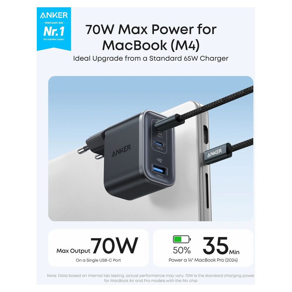 Anker Wall Charger Nano 70W, 2xUSB-C, 1xUSBA, Foldable Plug, Black Grey