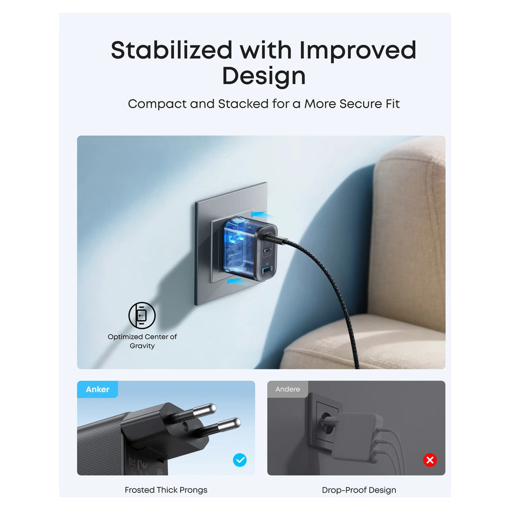 Anker Wall Charger Nano 70W, 2xUSB-C, 1xUSBA, Foldable Plug, Black Grey