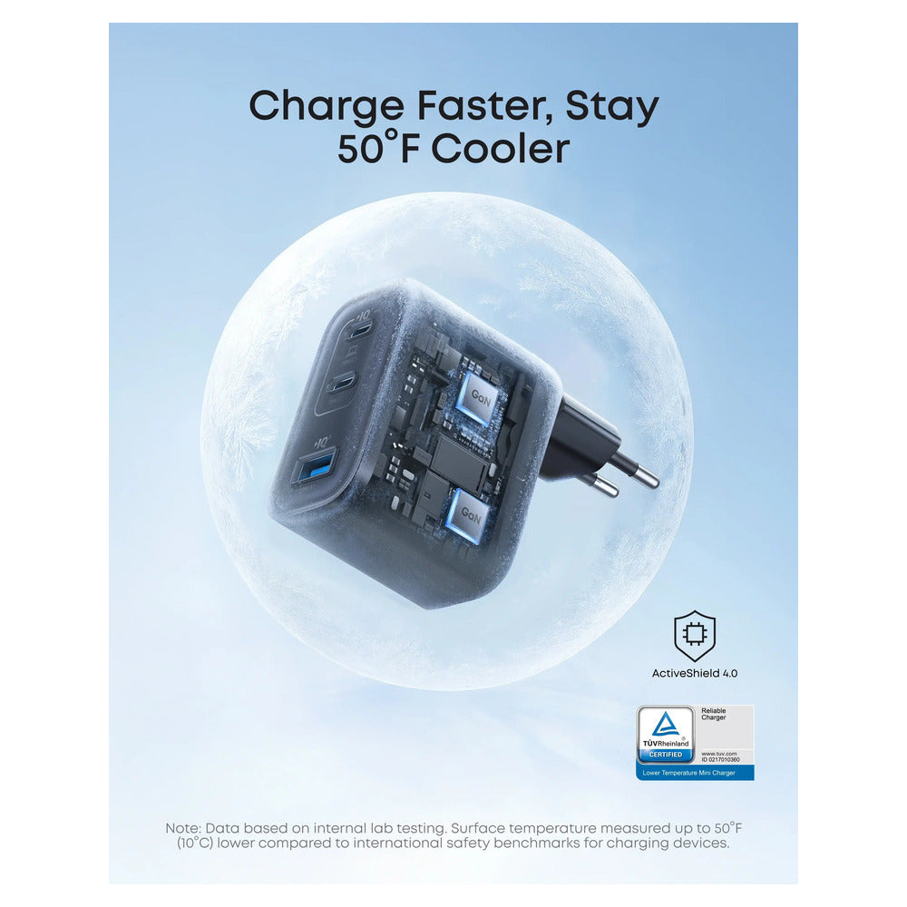 Anker Wall Charger Nano 70W, 2xUSB-C, 1xUSBA, Foldable Plug, Black Grey