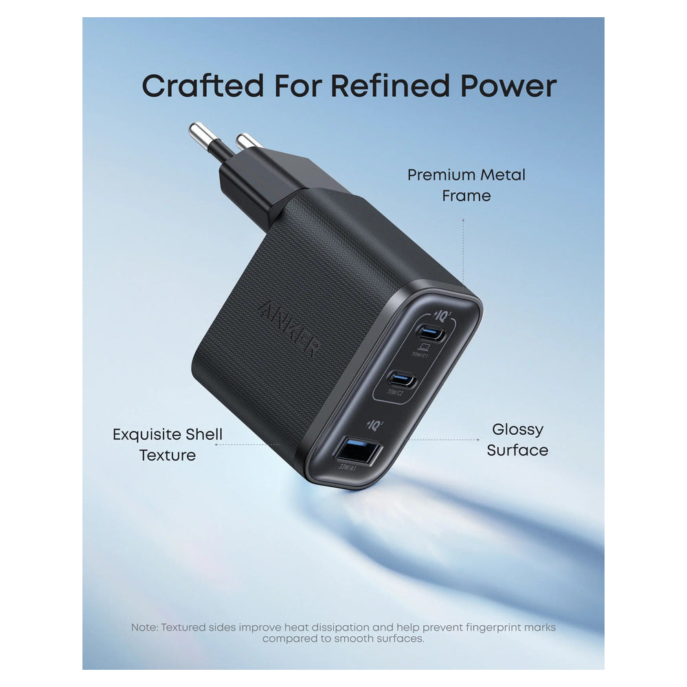 Anker Wall Charger Nano 70W, 2xUSB-C, 1xUSBA, Foldable Plug, Black Grey