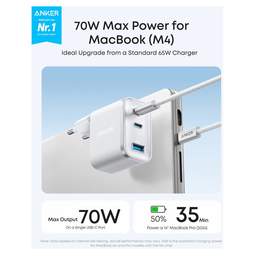Anker Wall Charger Nano 70W, 2xUSB-C, 1xUSBA, Foldable Plug, White