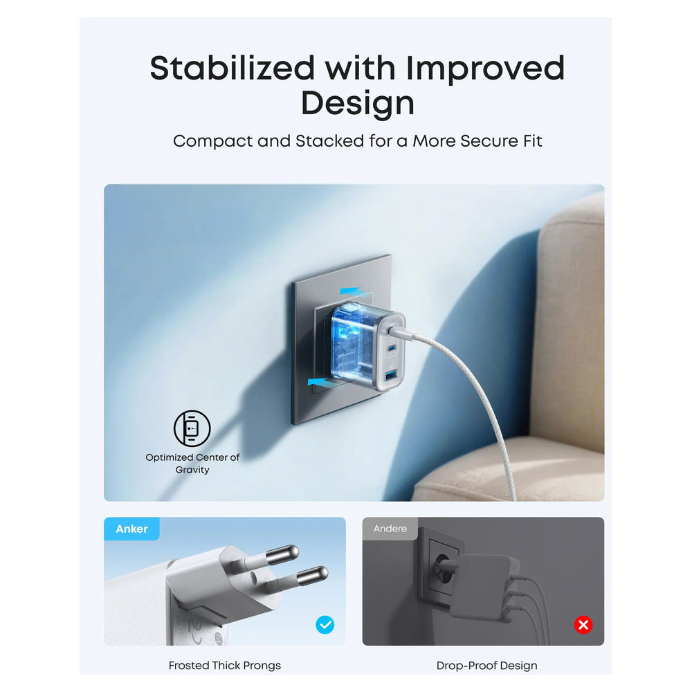 Anker Wall Charger Nano 70W, 2xUSB-C, 1xUSBA, Foldable Plug, White