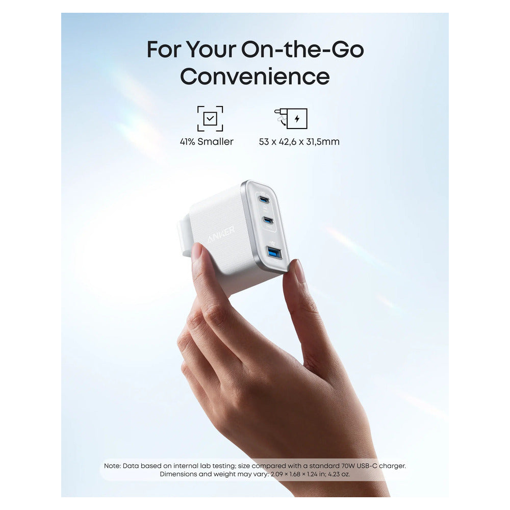 Anker Wall Charger Nano 70W, 2xUSB-C, 1xUSBA, Foldable Plug, White