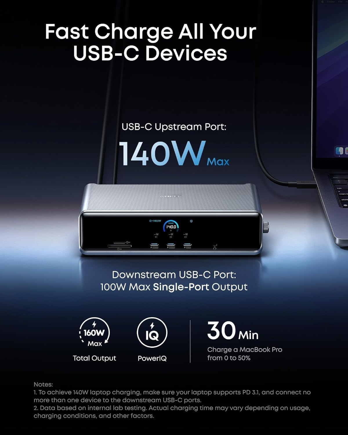 Anker Docking Station Prime 14 in 1, USB-C,Triple 4K@60Hz, 2 HDMI+1 DP, 140W Max Power, Smart Display