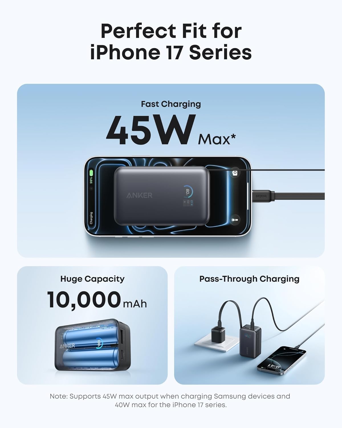Anker Powerbank Nano 10K mAh, 45W max power, Built-In Retractable USB-C Cable, Black