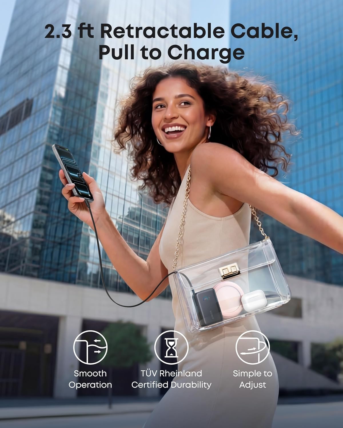 Anker Powerbank Nano 10K mAh, 45W max power, Built-In Retractable USB-C Cable, Black
