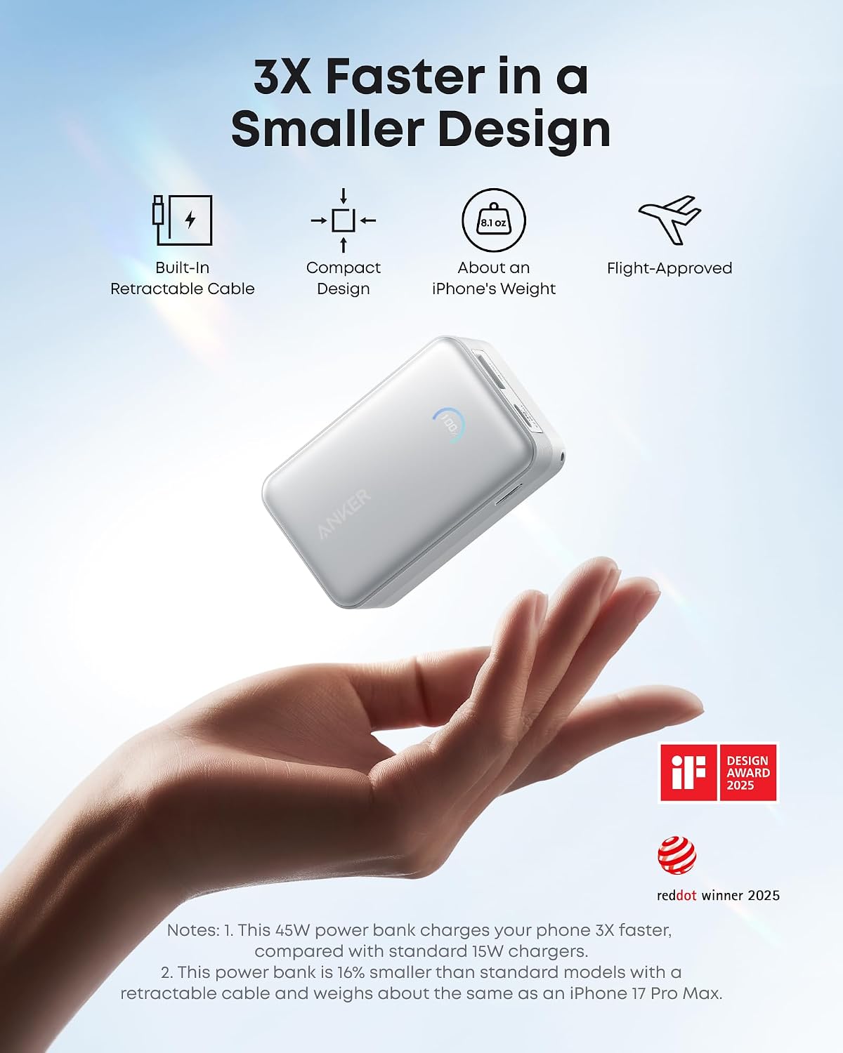 Anker Powerbank Nano 10K mAh, 45W max power, Built-In Retractable USB-C Cable, White