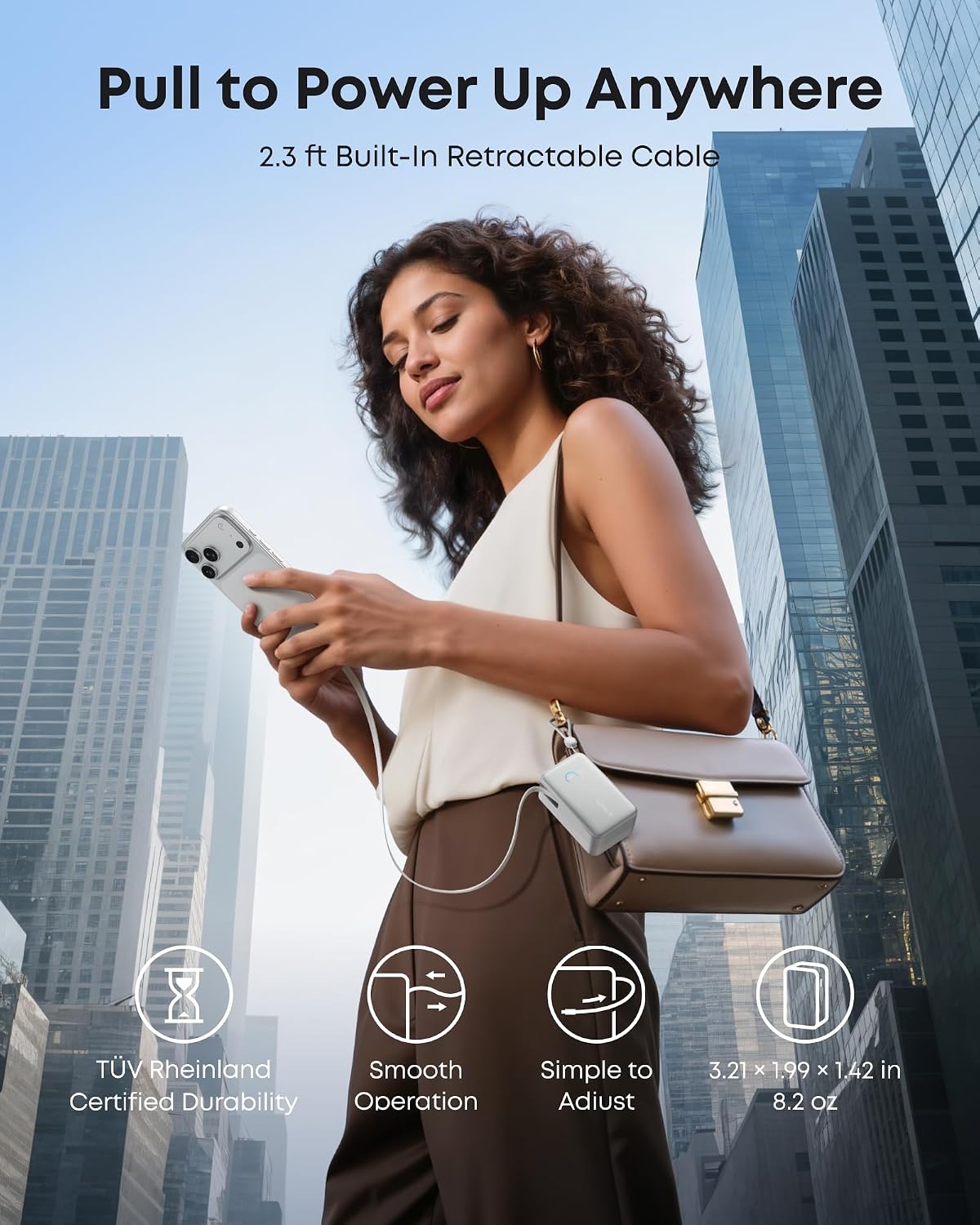 Anker Powerbank Nano 10K mAh, 45W max power, Built-In Retractable USB-C Cable, White