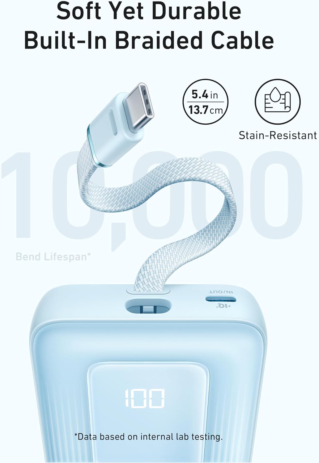 Anker Powerbank Essential 10K mAh, 30W max power, Built-In USB-C Cable, Black