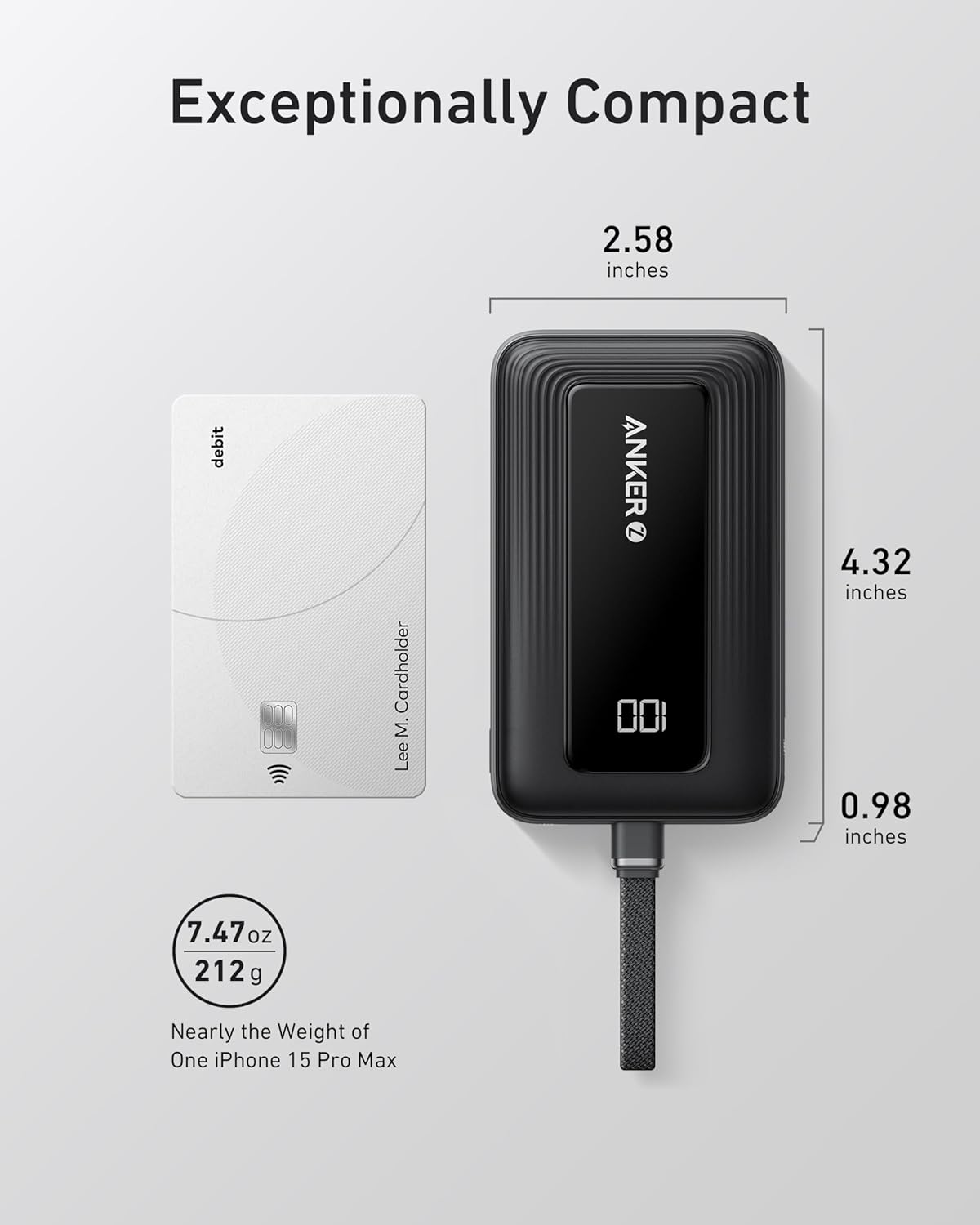 Anker Powerbank Essential 10K mAh, 30W max power, Built-In USB-C Cable, Black