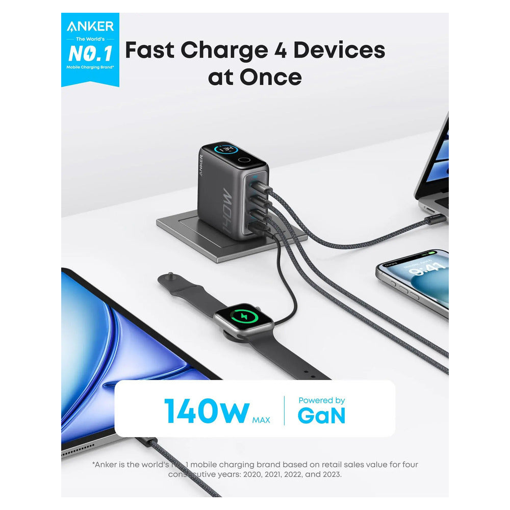 Anker Wall Charger 140W, 3xUSB-C, 1xUSB-A, Smart Display with touch control, Grey