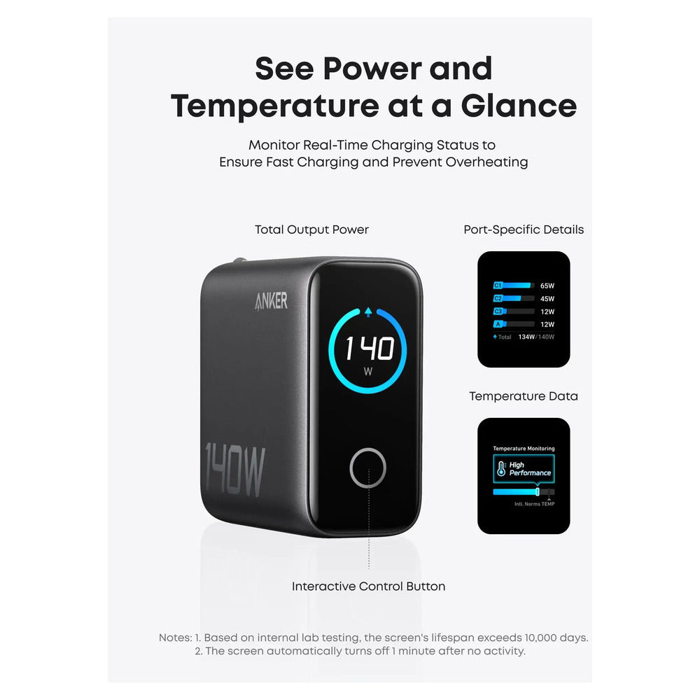 Anker Wall Charger 140W, 3xUSB-C, 1xUSB-A, Smart Display with touch control, Grey