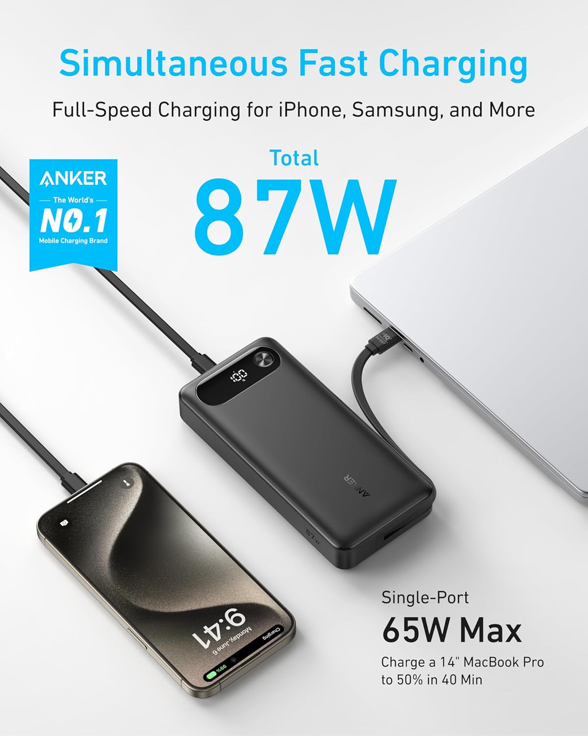 ANKER Powerbank 20 | 000mAh 87W Max Fast Charging Built-in USB-C Cable