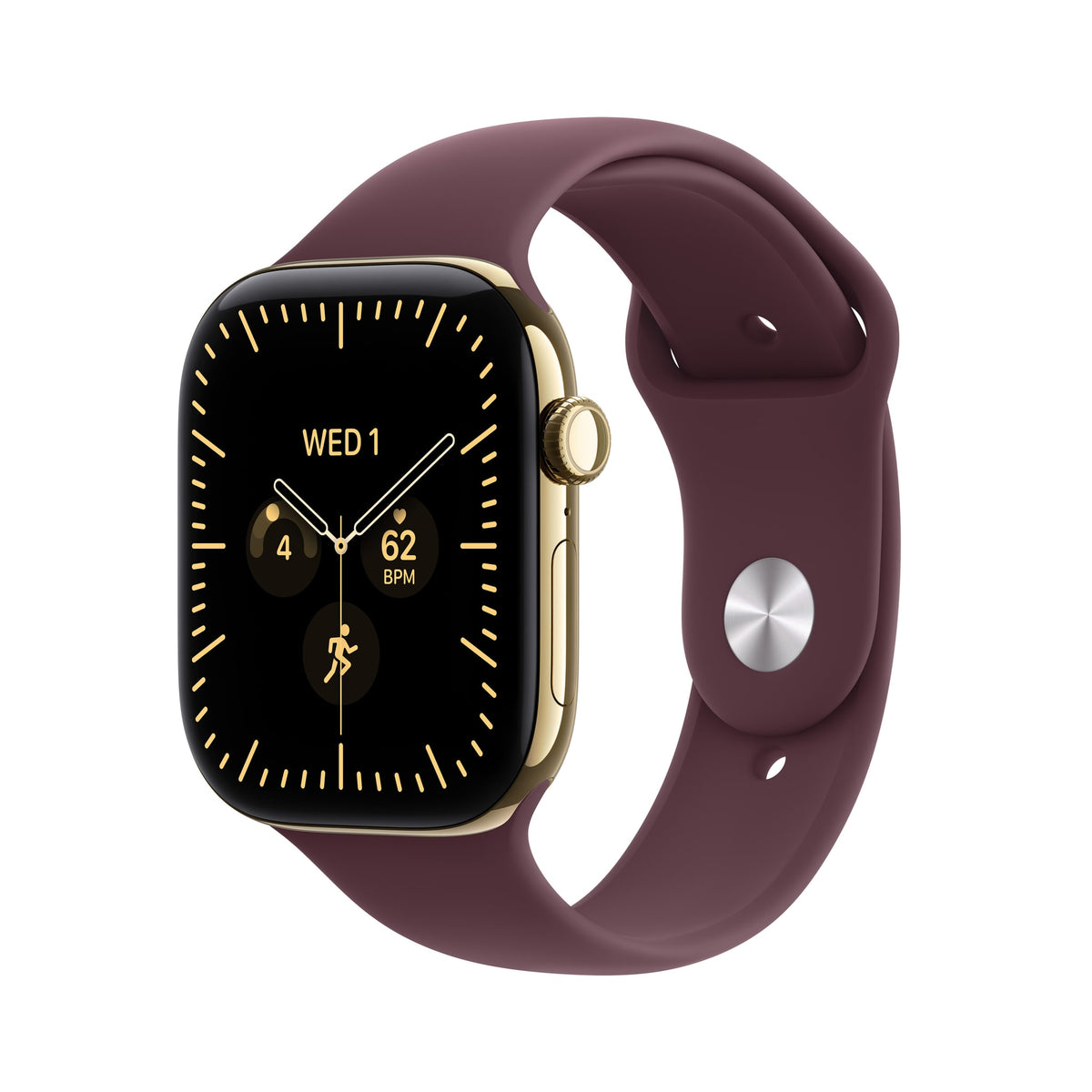 Μπροστινή όψη με λουράκι, 42mm GPS + Cellular Radiant Gold Titanium Sport Band Burgundy
