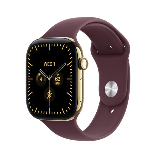Μπροστινή όψη με λουράκι, 42mm GPS + Cellular Radiant Gold Titanium Sport Band Burgundy