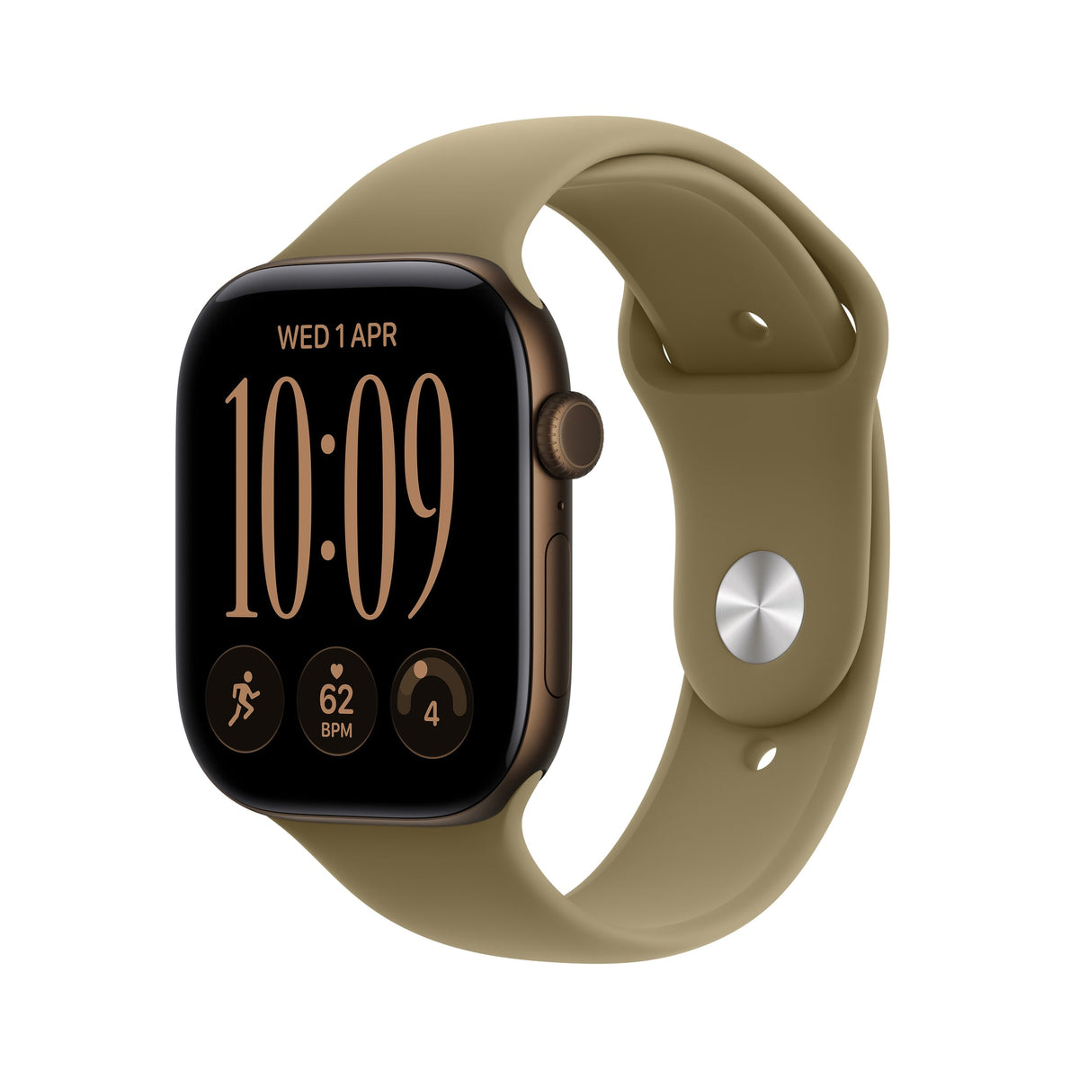 Μπροστινή όψη με λουράκι, 46mm GPS + Cellular Dark Bronze Aluminum Sport Band Olive