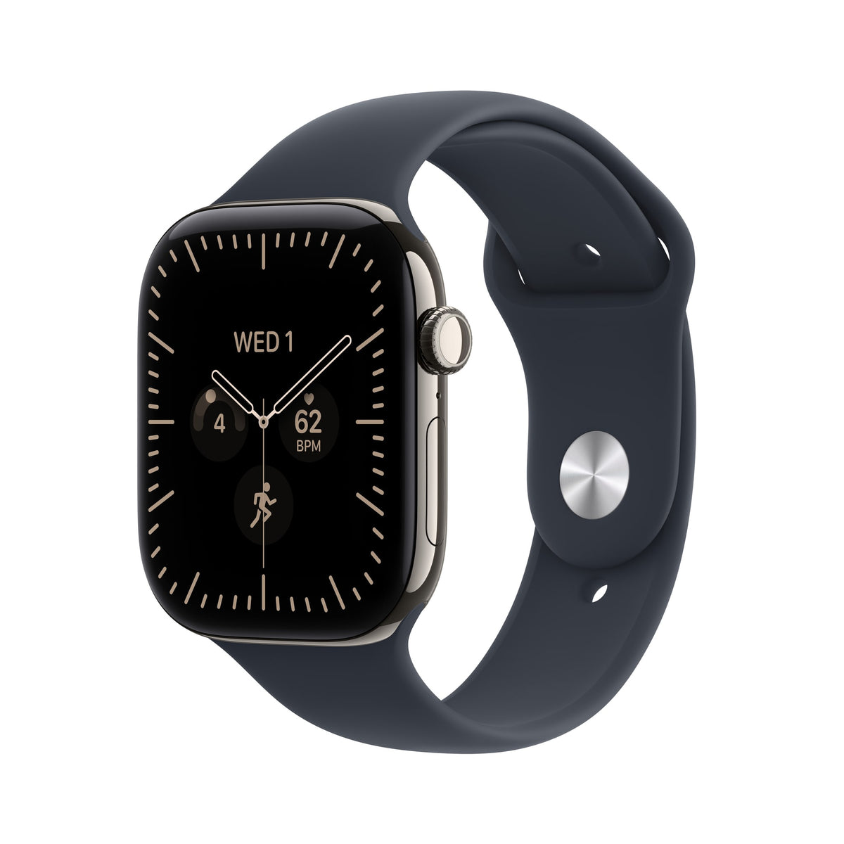 Μπροστινή όψη με λουράκι, 46mm GPS + Cellular Natural Titanium Sport Band Navy Blue