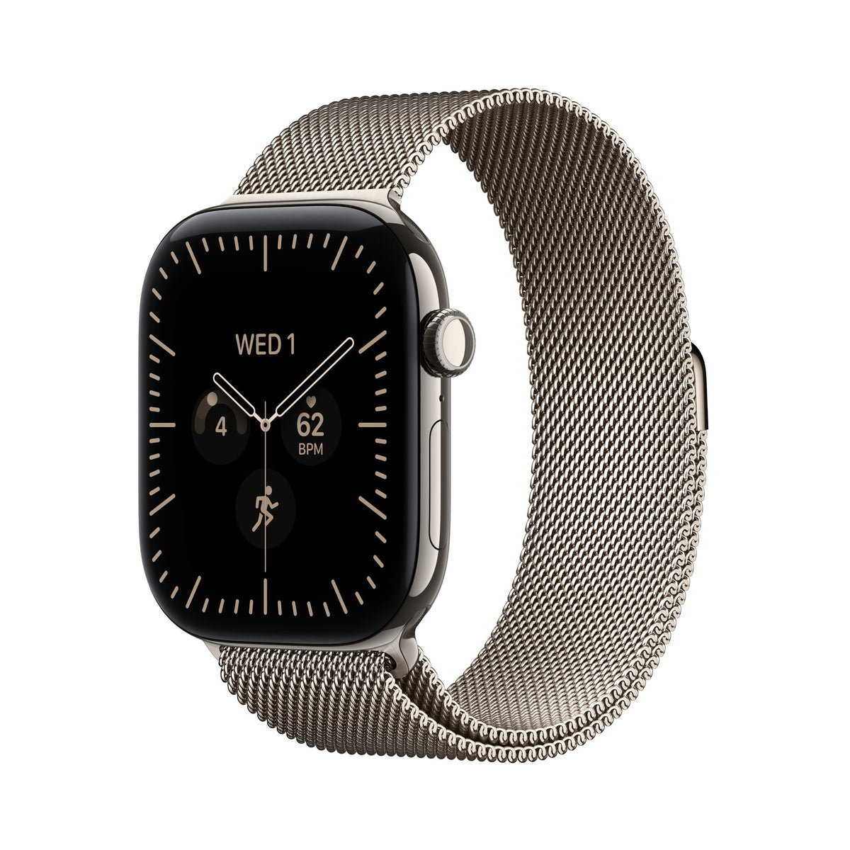 Μπροστινή όψη με λουράκι, 46mm GPS + Cellular Natural Titanium Milanese Loop Natural
