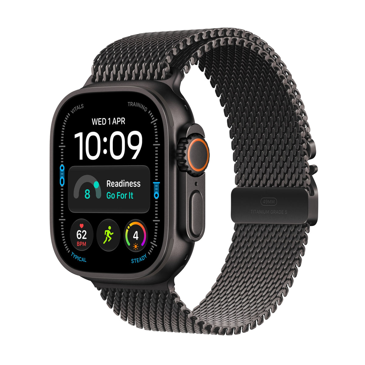 Μπροστινή όψη με λουράκι, 49mm GPS + Cellular Black Titanium Milanese Loop Black