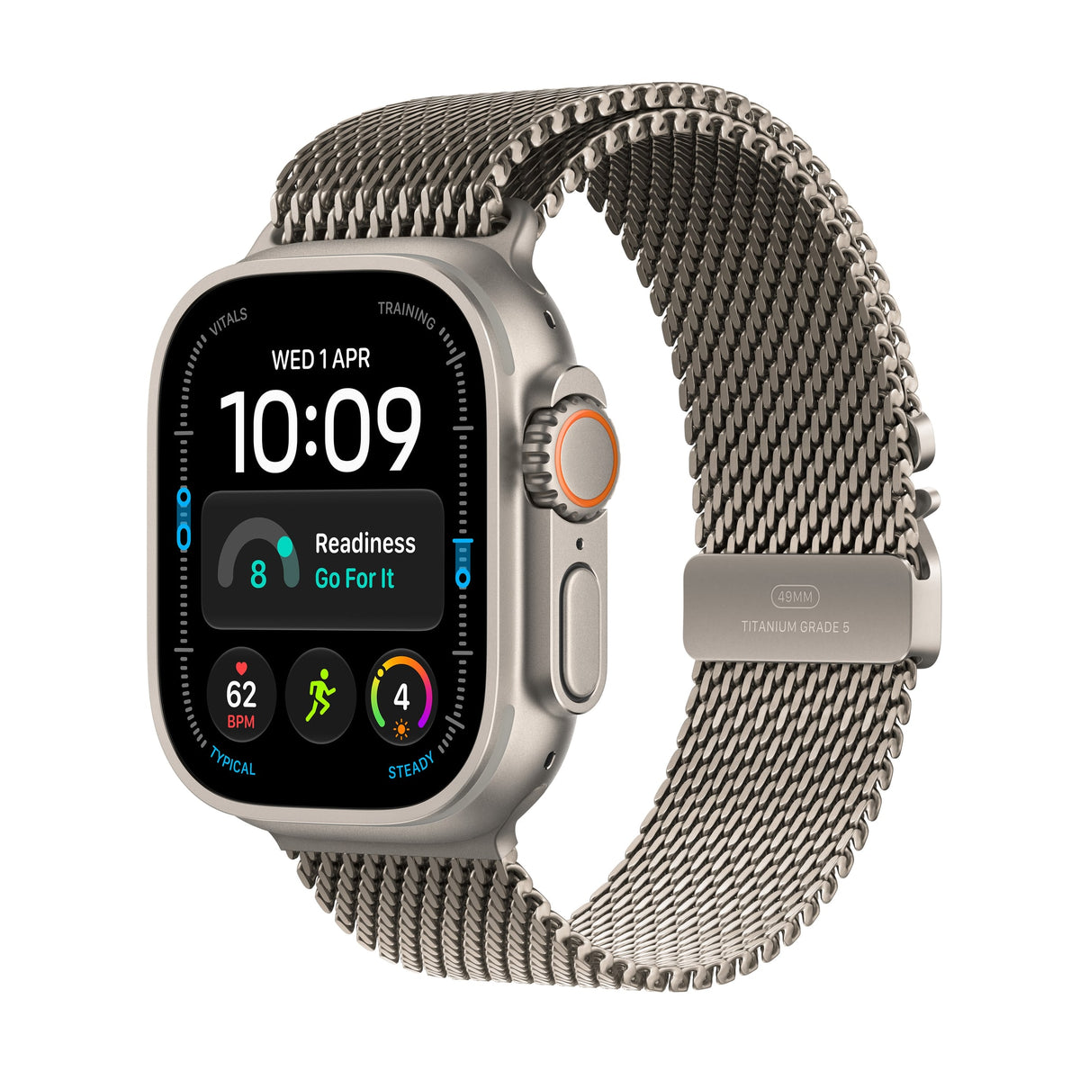 Μπροστινή όψη με λουράκι, 49mm GPS + Cellular Natural Titanium Milanese Loop Natural
