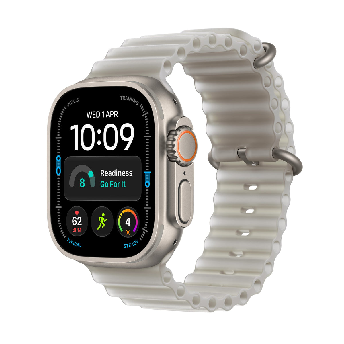 Μπροστινή όψη με λουράκι, 49mm GPS + Cellular Natural Titanium Ocean Band Translucent Gray