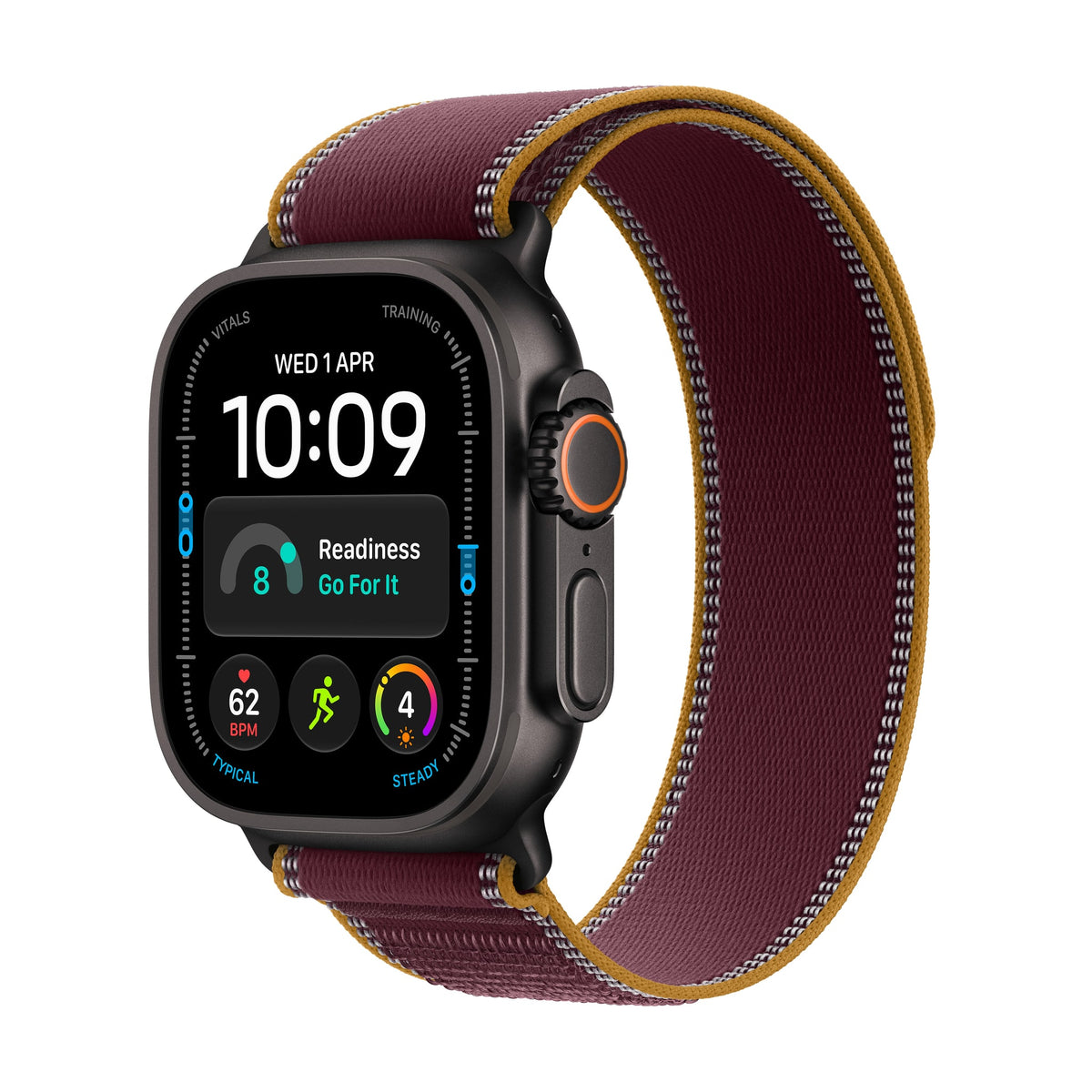 Μπροστινή όψη με λουράκι, 49mm GPS + Cellular Black Titanium Trail Loop Burgundy