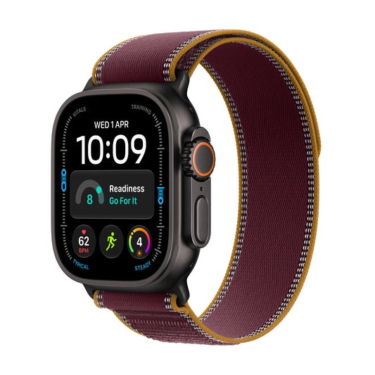 Μπροστινή όψη με λουράκι, 49mm GPS + Cellular Black Titanium Trail Loop Burgundy