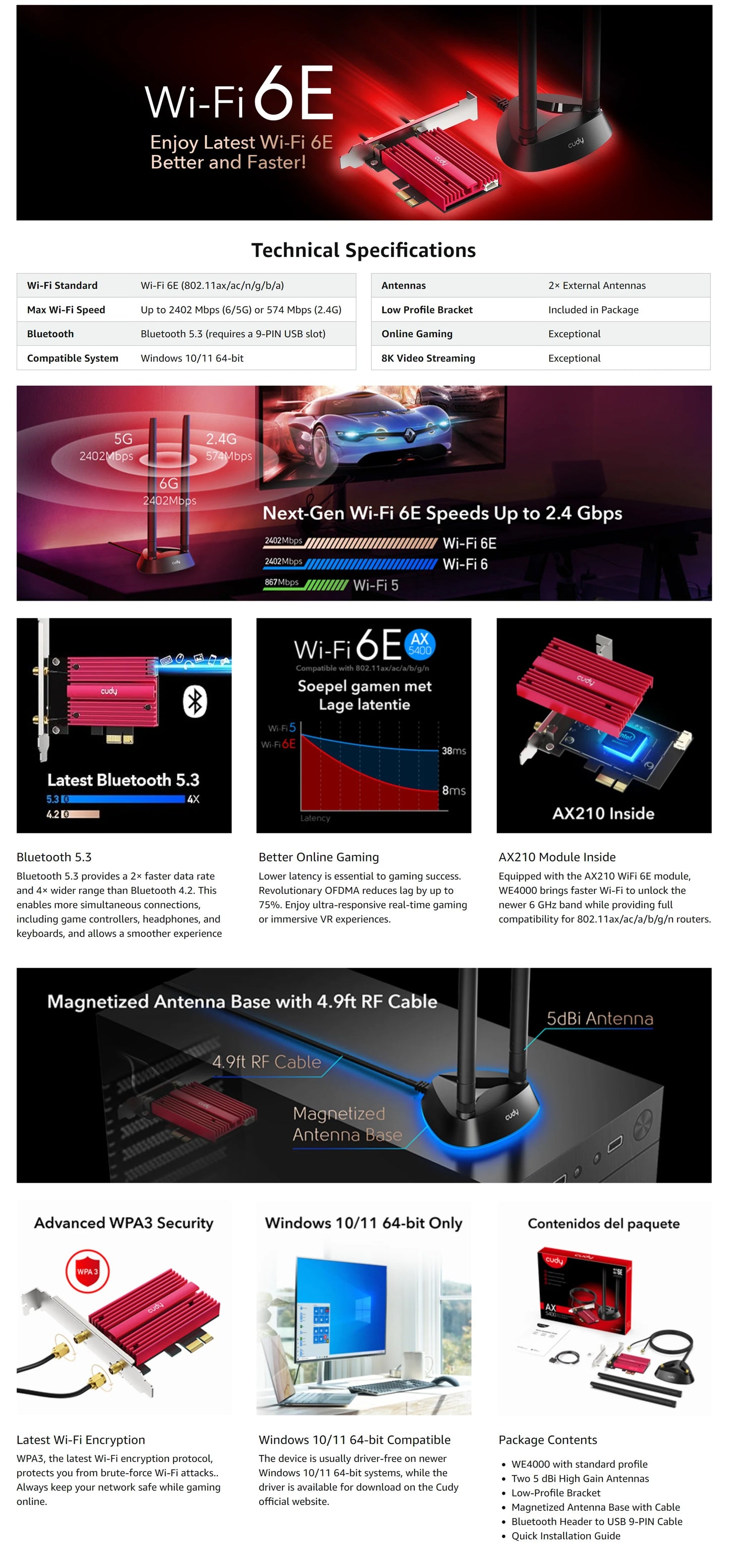 CUDY PCI-E Adapter WE4000 AX5400 Wi-Fi 6E Bluetooth 5.3