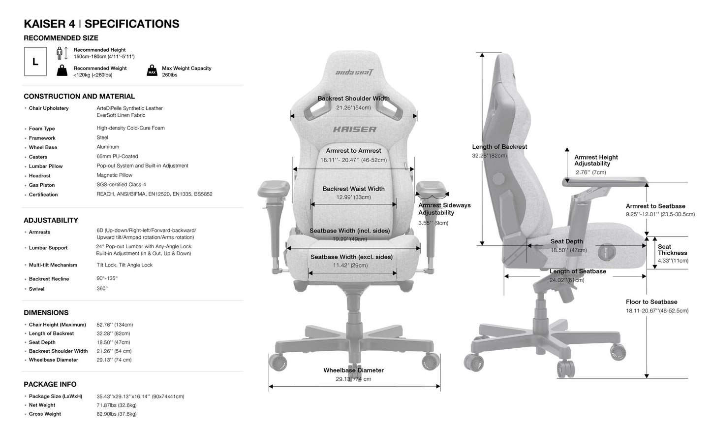 ANDA SEAT Gaming Chair KAISER-4 V2 XL Grey Fabric with 6D Armrest