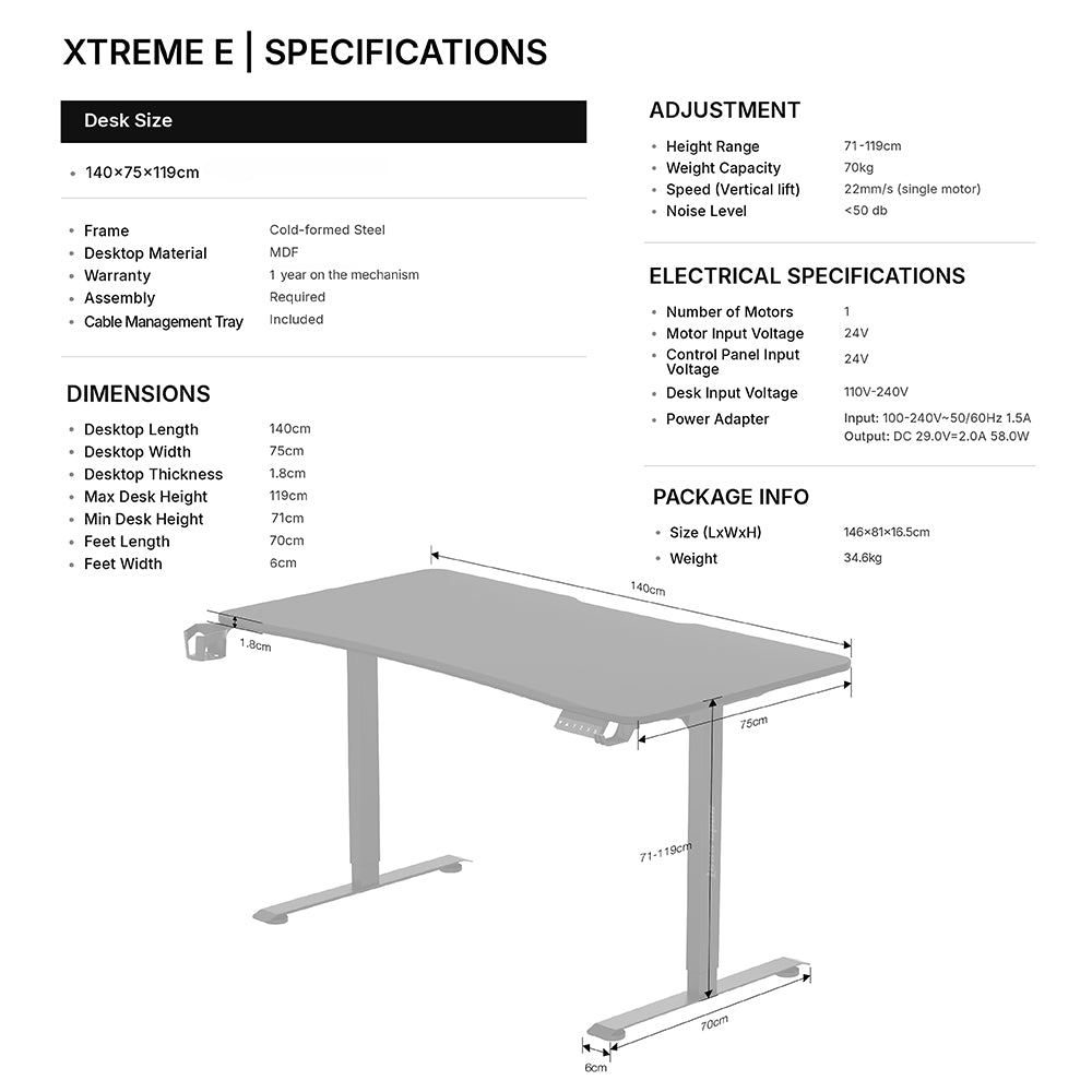ANDA SEAT DESK XTREME-E 1.4m, Adjustable Height, Black