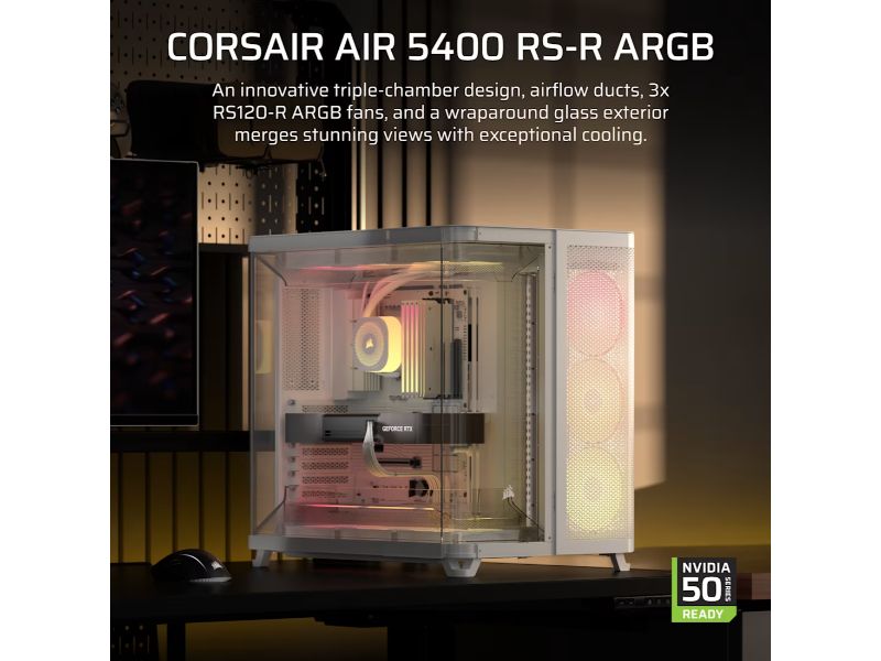 Corsair 5400 Air ARGB / Mid-Tower Case / Tempered Glass / ARGB Fans / White – PN: CC-9011319-WW
