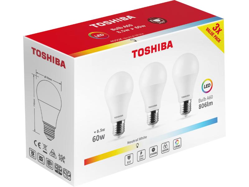 TOSHIBA LED 3PACK A60 E27 8.5W 4000K
