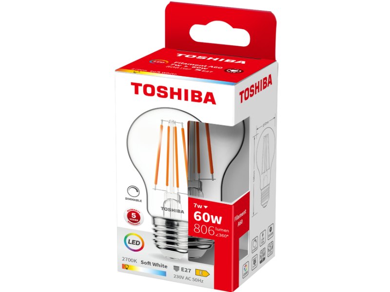 TOSHIBA LED FILAMENT A60 E27 7W 2700K DIMMABLE