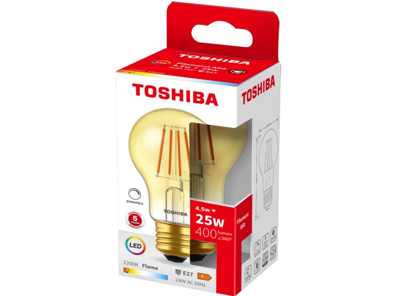 TOSHIBA LED FILAMENT AMBER A60 E27 4.5W 2200K DIMMABLE
