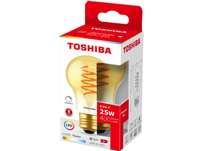TOSHIBA LED FILAMENT SPIRAL AMBER A60 E27 4.9W 2200K DIMMABLE